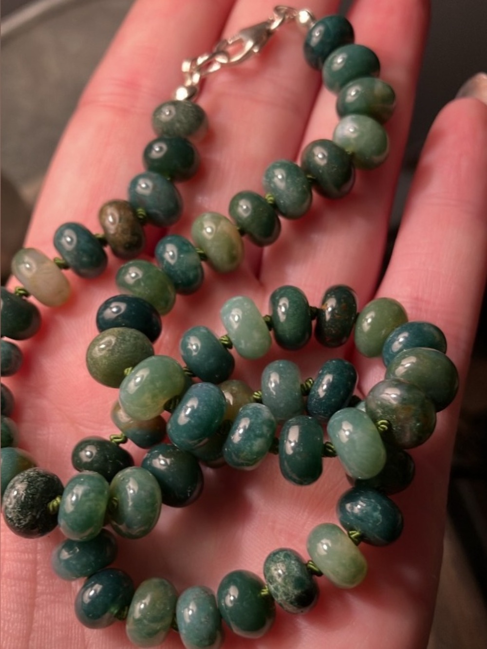 Moss agate silk hand knitted necklace 15” NEW